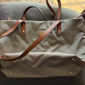Ralph Lauren Nylon Medium Tote Bag in Greenish Gray with Brown Leather Straps